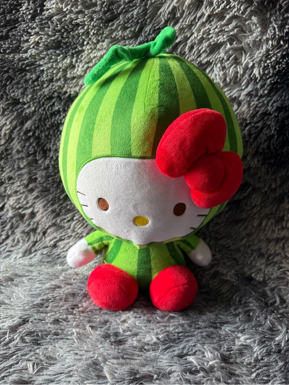 Hello Kitty Green Striped Plush with Red Bow and Red Feet